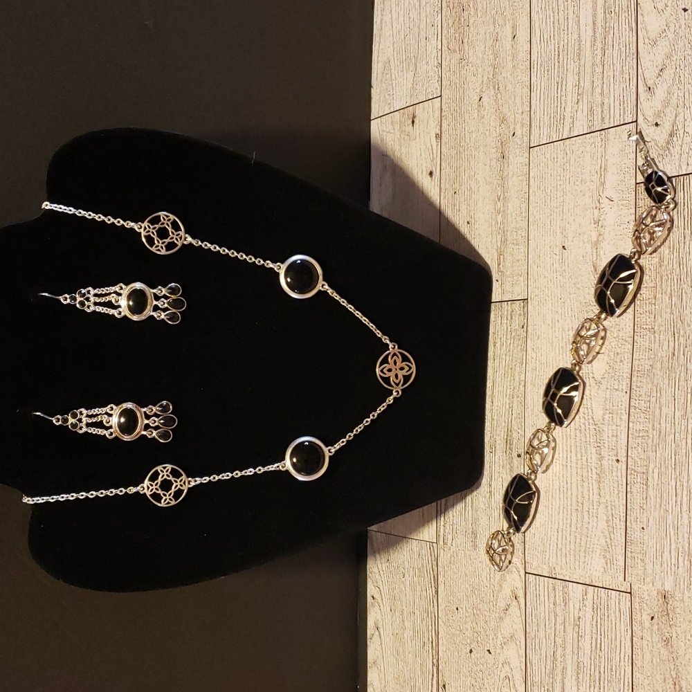 Black and Silver-Tone Three Piece Jewelry Set (Earrings, Bracelet, Necklace)